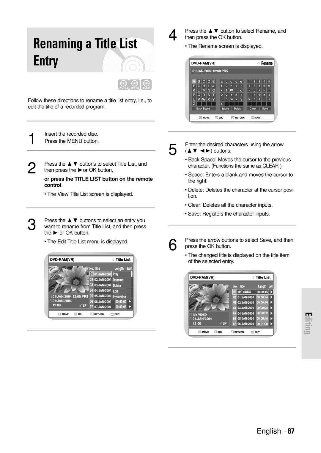 Toshiba D-VR3SB owner manual Renaming a Title List Entry, Control 