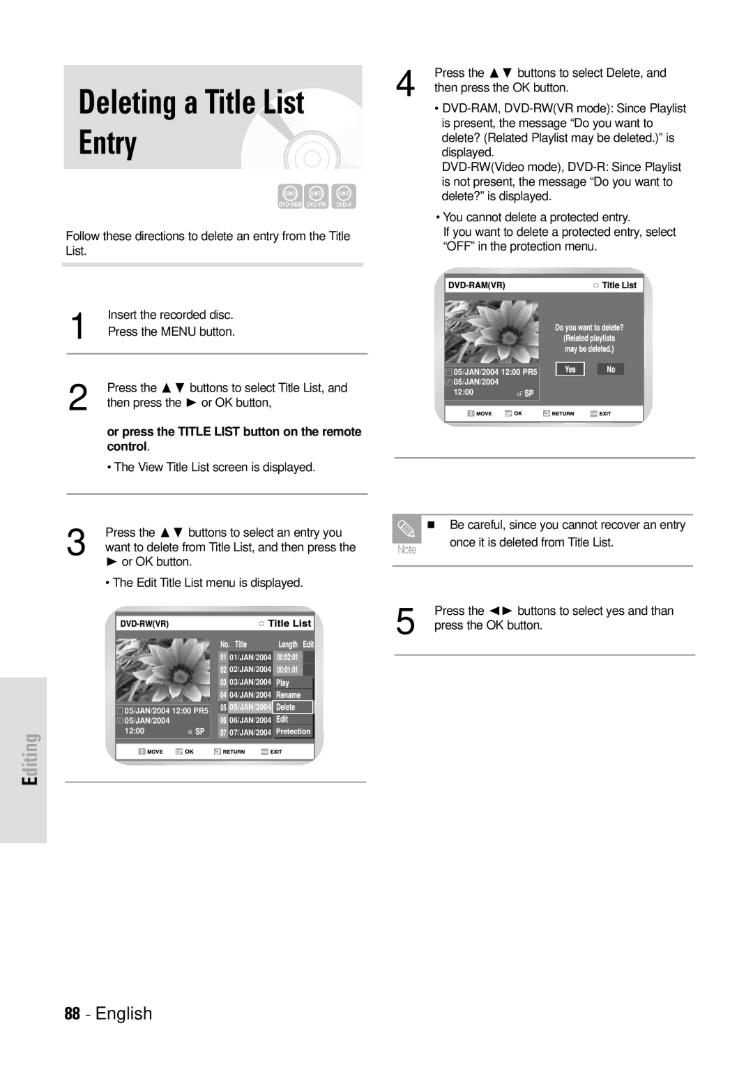 Toshiba D-VR3SB owner manual Deleting a Title List Entry 