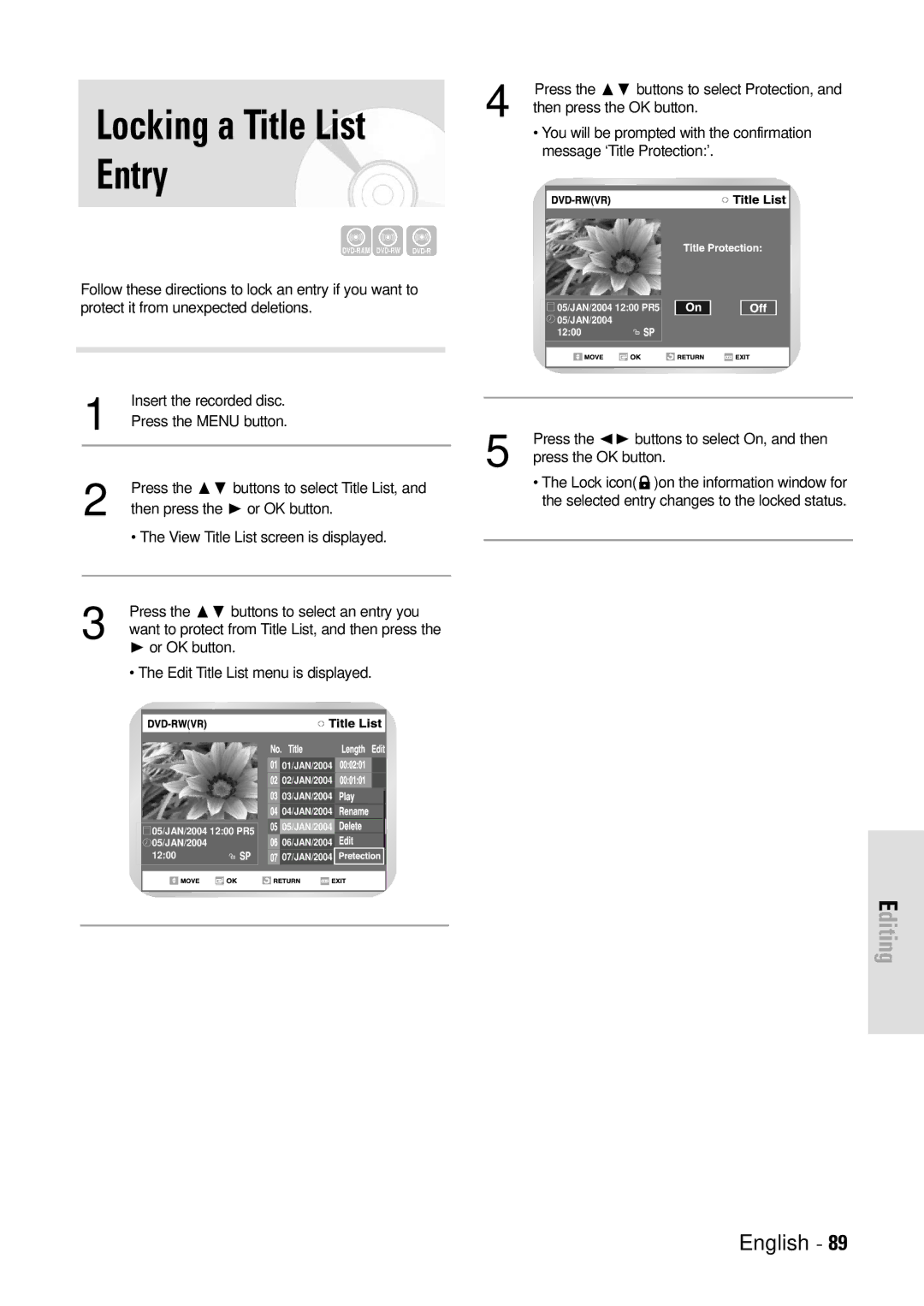 Toshiba D-VR3SB owner manual Locking a Title List Entry 