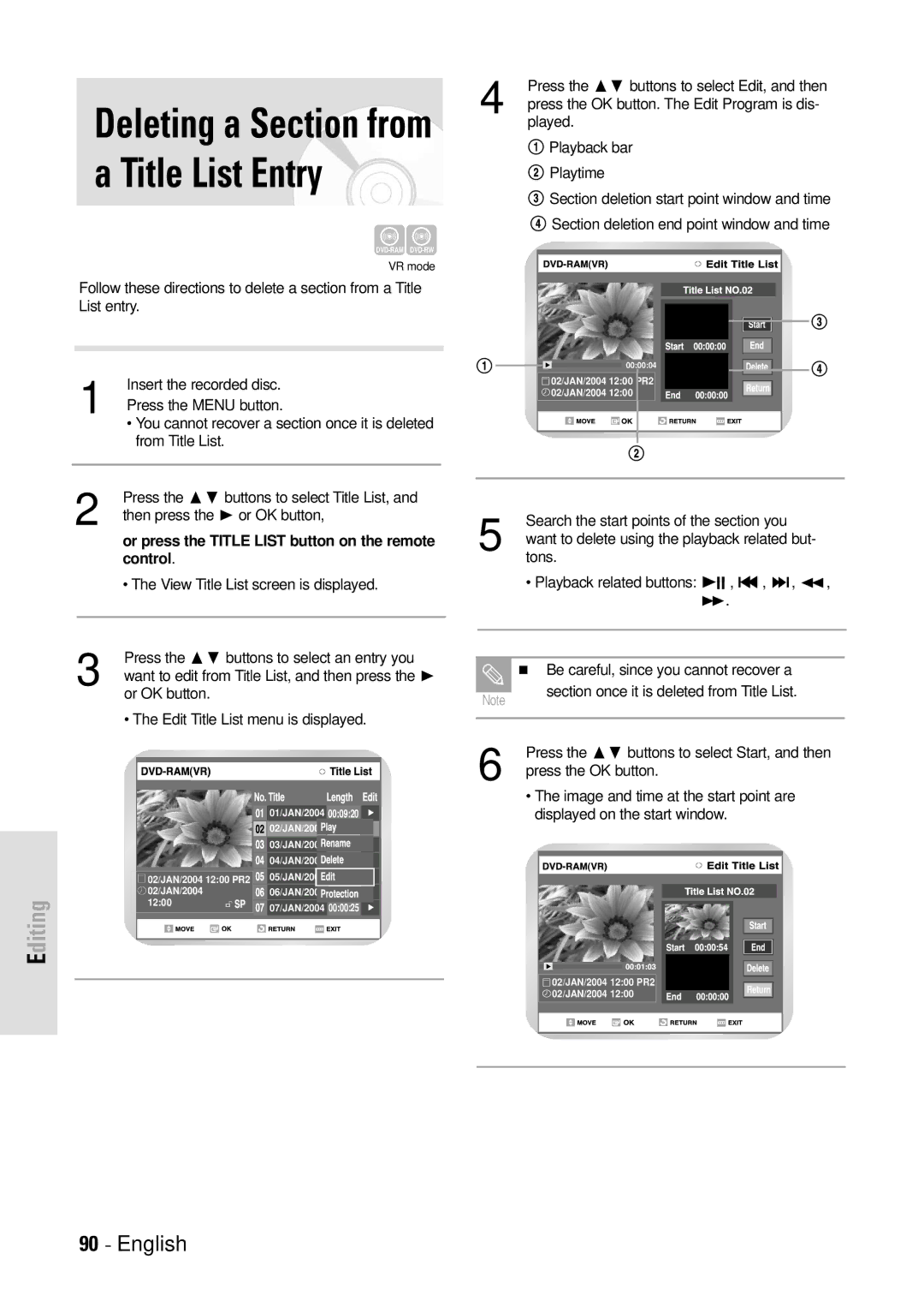 Toshiba D-VR3SB owner manual Deleting a Section from a Title List Entry 