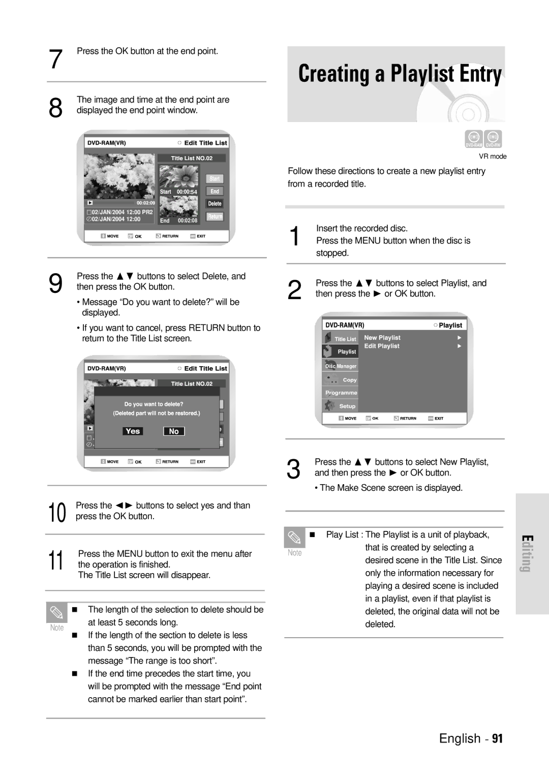 Toshiba D-VR3SB owner manual Creating a Playlist Entry 