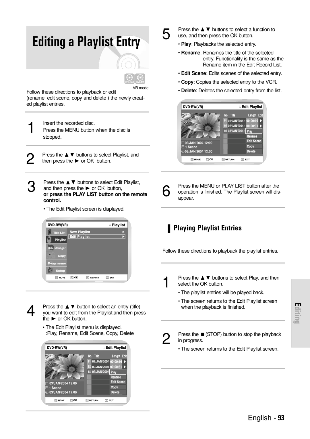 Toshiba D-VR3SB owner manual Playing Playlist Entries, Or press the Play List button on the remote control 