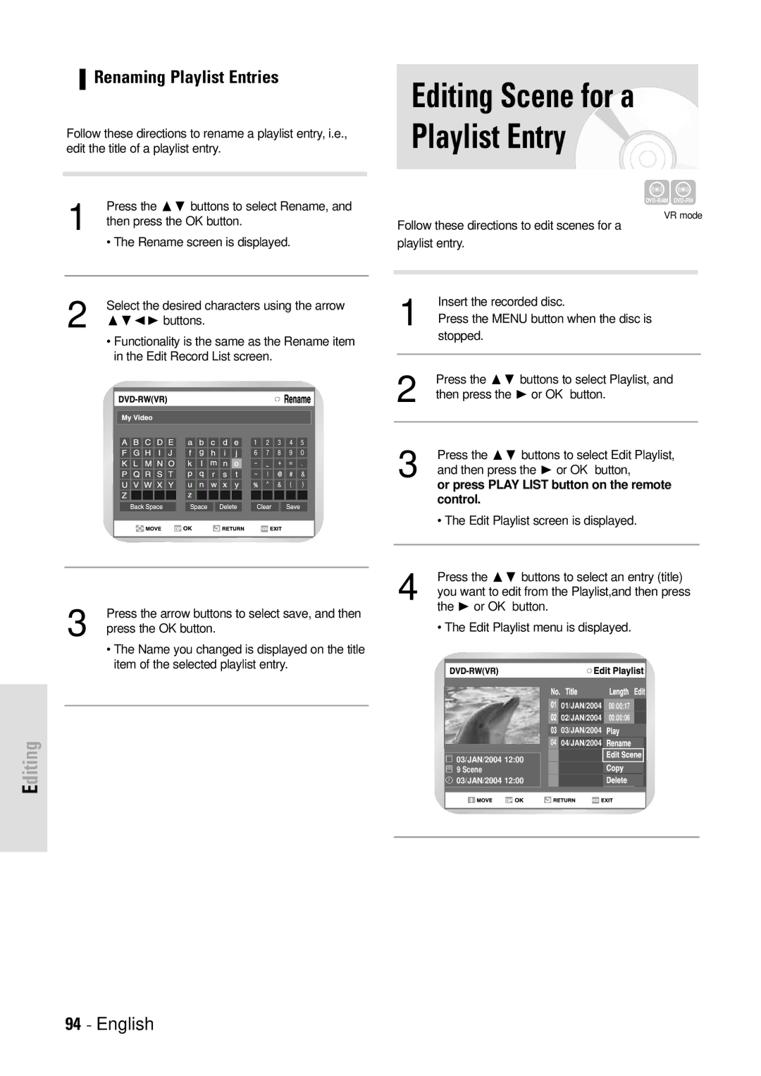 Toshiba D-VR3SB owner manual Editing Scene for a Playlist Entry, Renaming Playlist Entries 