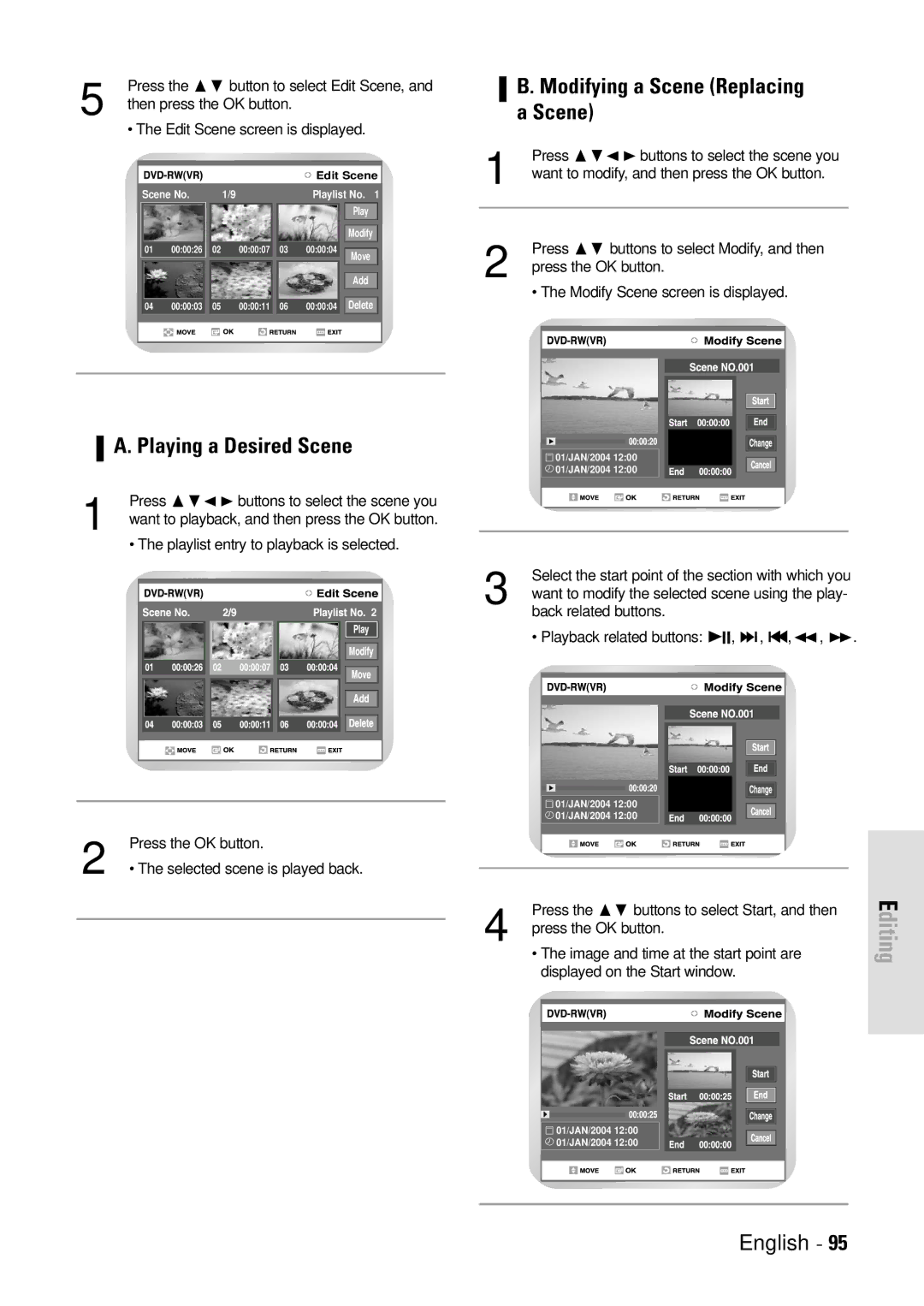 Toshiba D-VR3SB owner manual Playing a Desired Scene, Modifying a Scene Replacing a Scene 