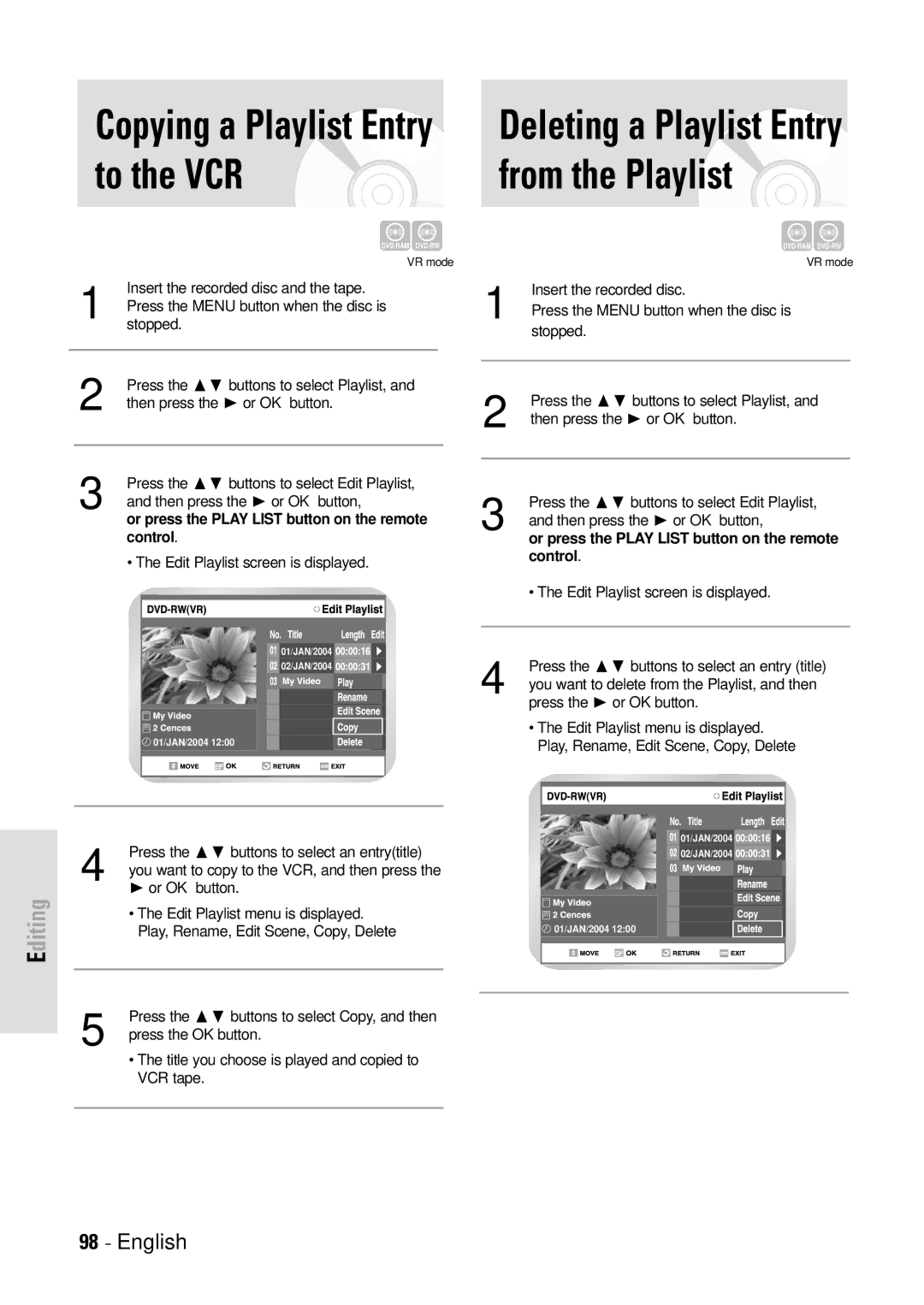 Toshiba D-VR3SB owner manual Copying a Playlist Entry to the VCR 