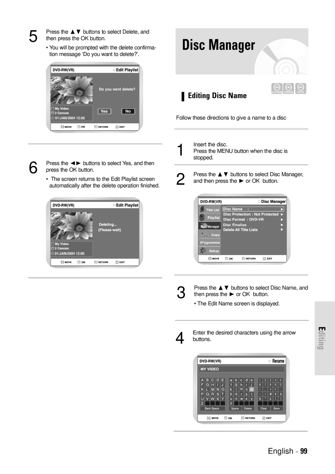 Toshiba D-VR3SB owner manual Disc Manager, Editing Disc Name 