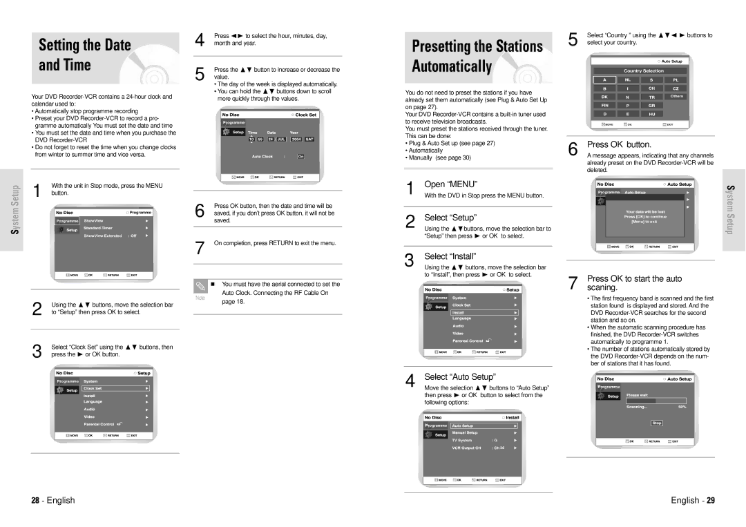 Toshiba D-VR3SG owner manual Setting the Date Time, Presetting the Stations Automatically 