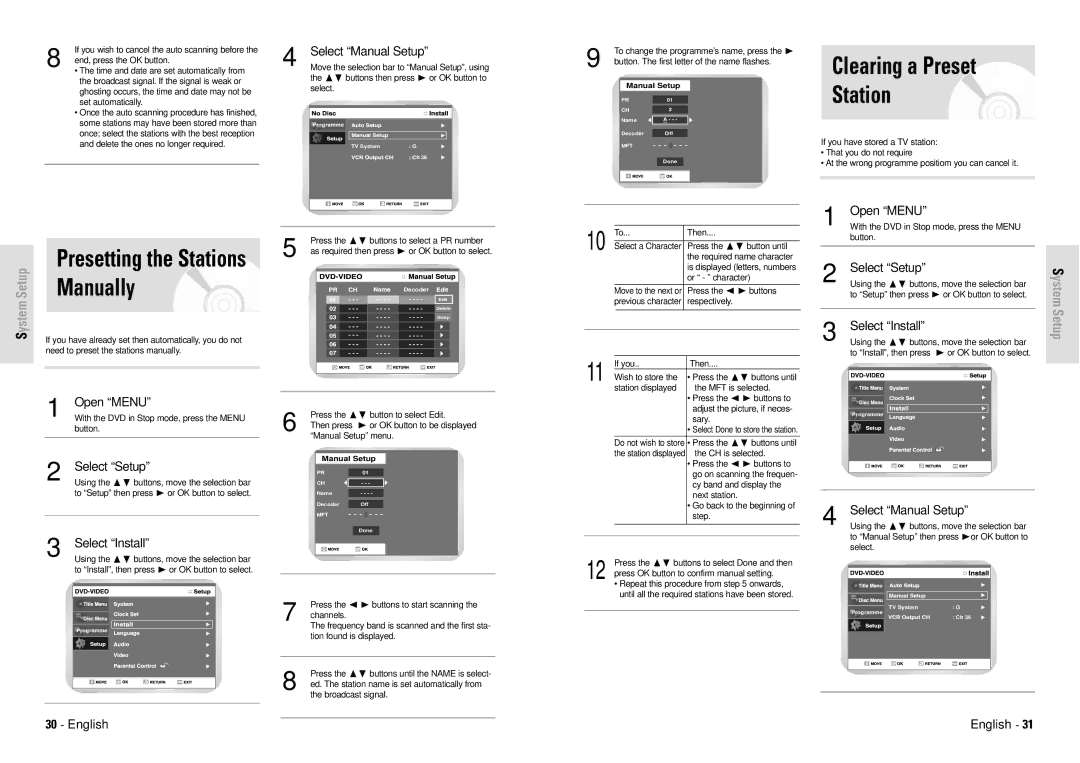 Toshiba D-VR3SG owner manual Clearing a Preset Station, Presetting the Stations, Select Manual Setup 