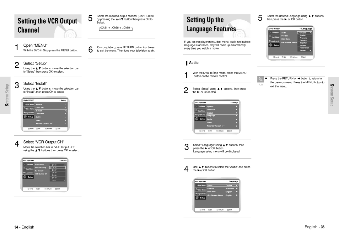 Toshiba D-VR3SG owner manual Setting the VCR Output Channel, Setting Up, Language Features, Audio, Select VCR Output CH 