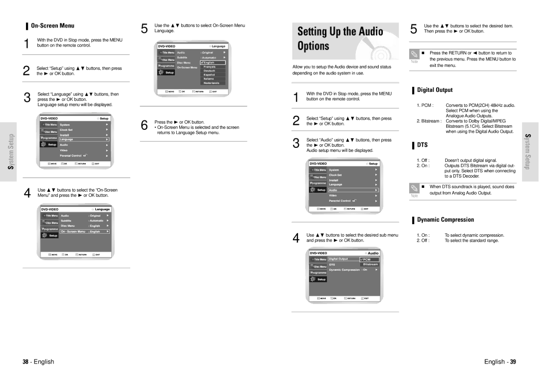 Toshiba D-VR3SG owner manual Setting Up the Audio Options, On-Screen Menu, Digital Output, Dynamic Compression 