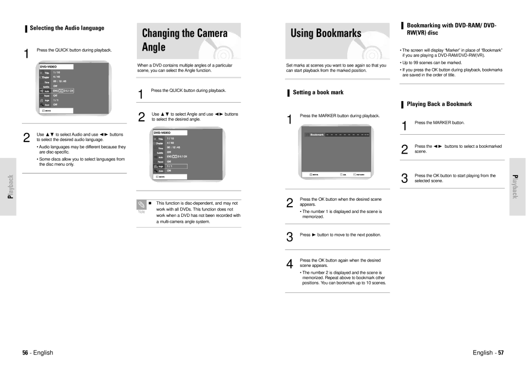 Toshiba D-VR3SG owner manual Changing the Camera Angle, Using Bookmarks, Selecting the Audio language 