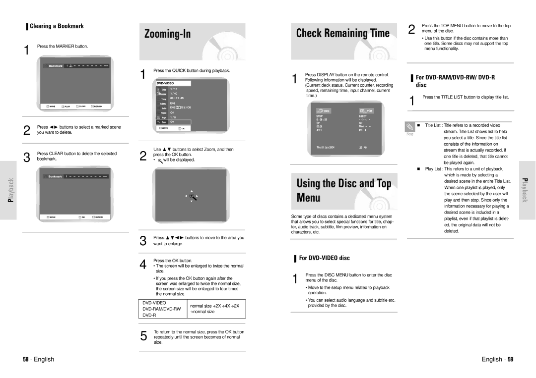 Toshiba D-VR3SG owner manual Zooming-In, Using the Disc and Top Menu, Check Remaining Time 