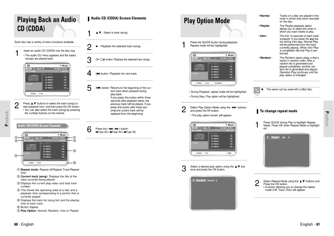 Toshiba D-VR3SG Playing Back an Audio CD Cdda, Play Option Mode, Audio CD Cdda Screen Elements, To change repeat mode 