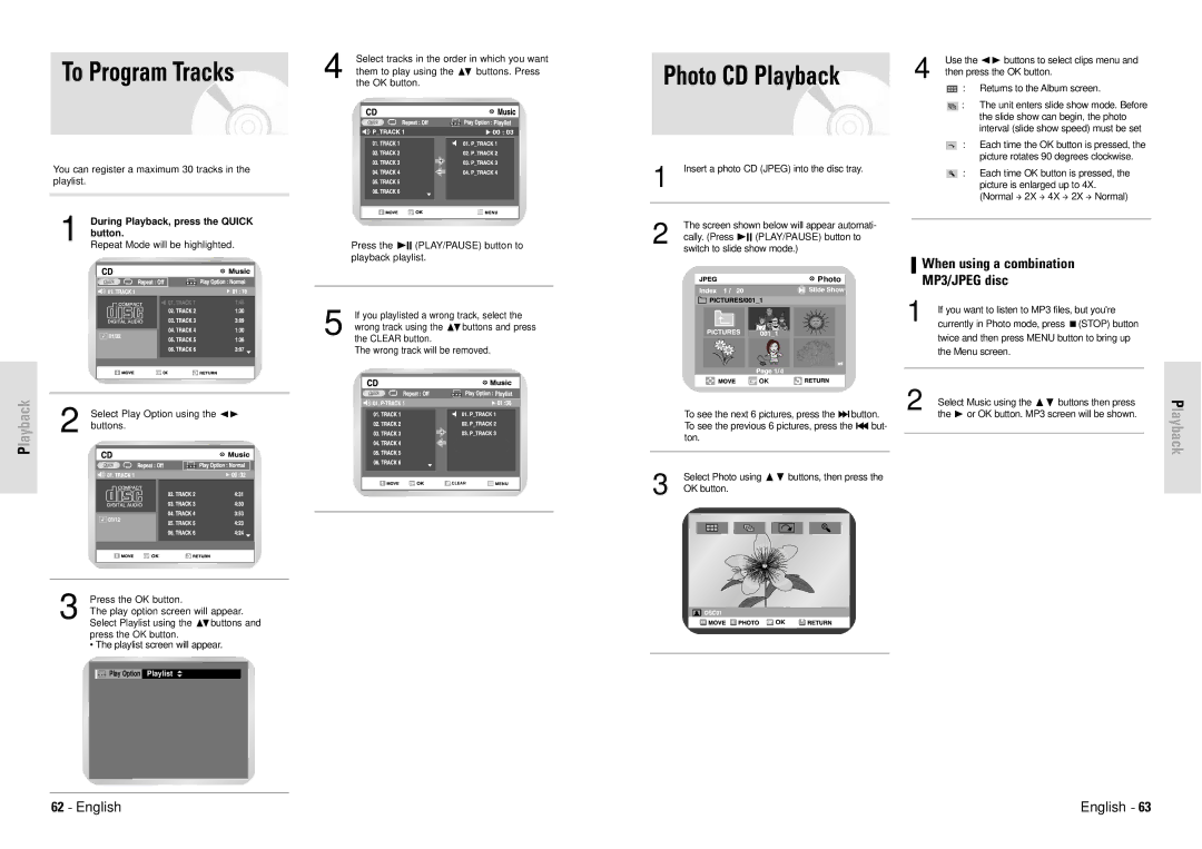 Toshiba D-VR3SG owner manual To Program Tracks, Photo CD Playback, LaybackP, When using a combination MP3/JPEG disc 