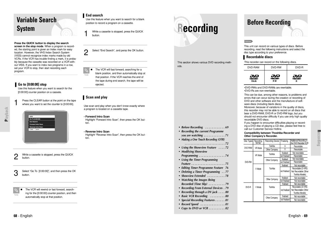 Toshiba D-VR3SG owner manual Variable Search System, Before Recording 