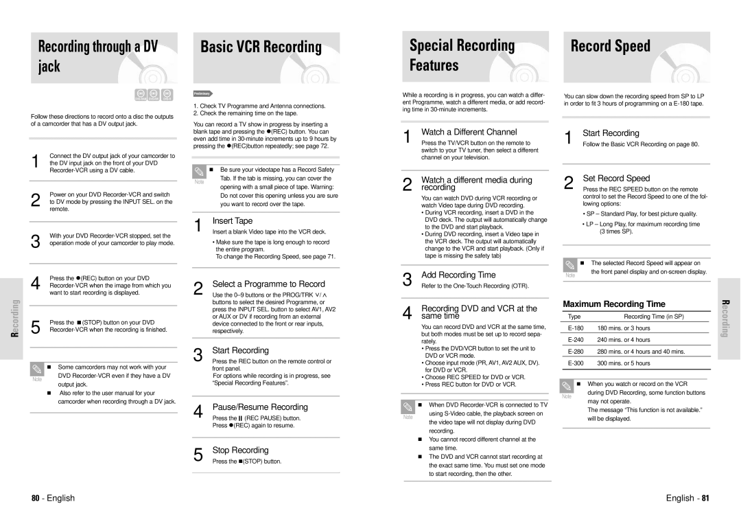 Toshiba D-VR3SG owner manual Basic VCR Recording, Special Recording Record Speed Features, Recording through a DV jack 