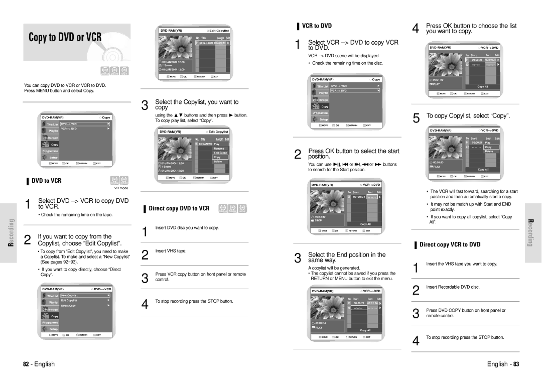 Toshiba D-VR3SG owner manual Copy to DVD or VCR, Direct copy DVD to VCR, Direct copy VCR to DVD 