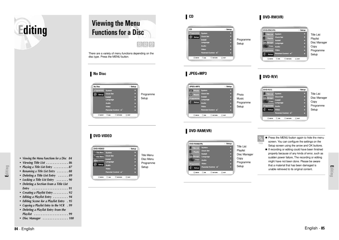 Toshiba D-VR3SG owner manual Viewing the Menu Functions for a Disc, Editing, No Disc 