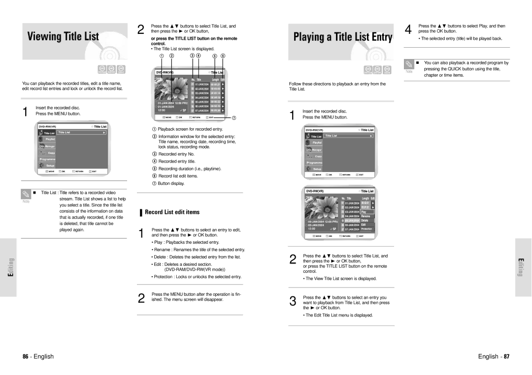 Toshiba D-VR3SG owner manual Viewing Title List, Record List edit items 