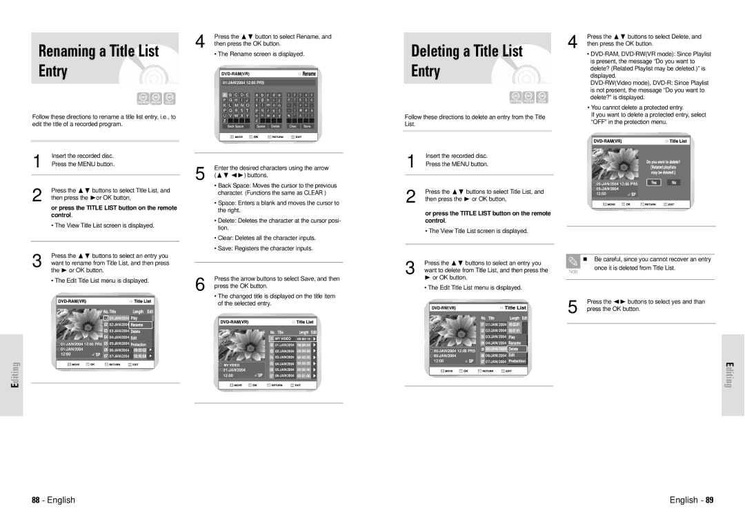 Toshiba D-VR3SG owner manual Renaming a Title List Entry, Deleting a Title List Entry, Control 