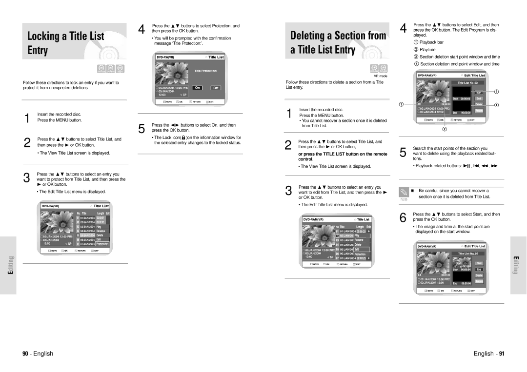 Toshiba D-VR3SG owner manual Locking a Title List Entry, From Title List 