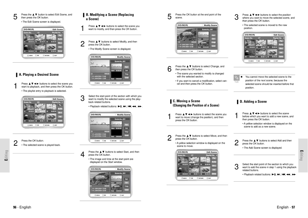 Toshiba D-VR3SG owner manual Modifying a Scene Replacing a Scene, Playing a Desired Scene, Moving a Scene, Adding a Scene 