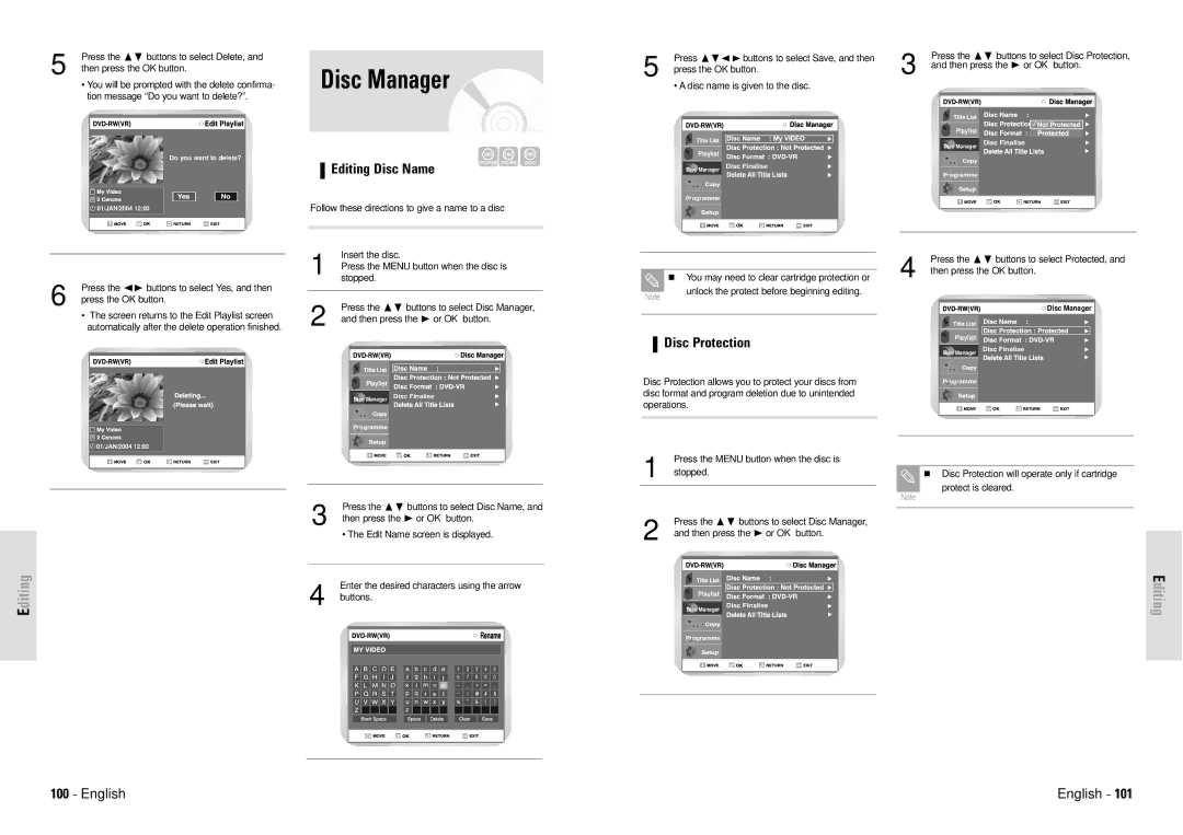 Toshiba D-VR3SG Disc Manager, Editing Disc Name, Disc Protection, You will be prompted with the delete confirma 