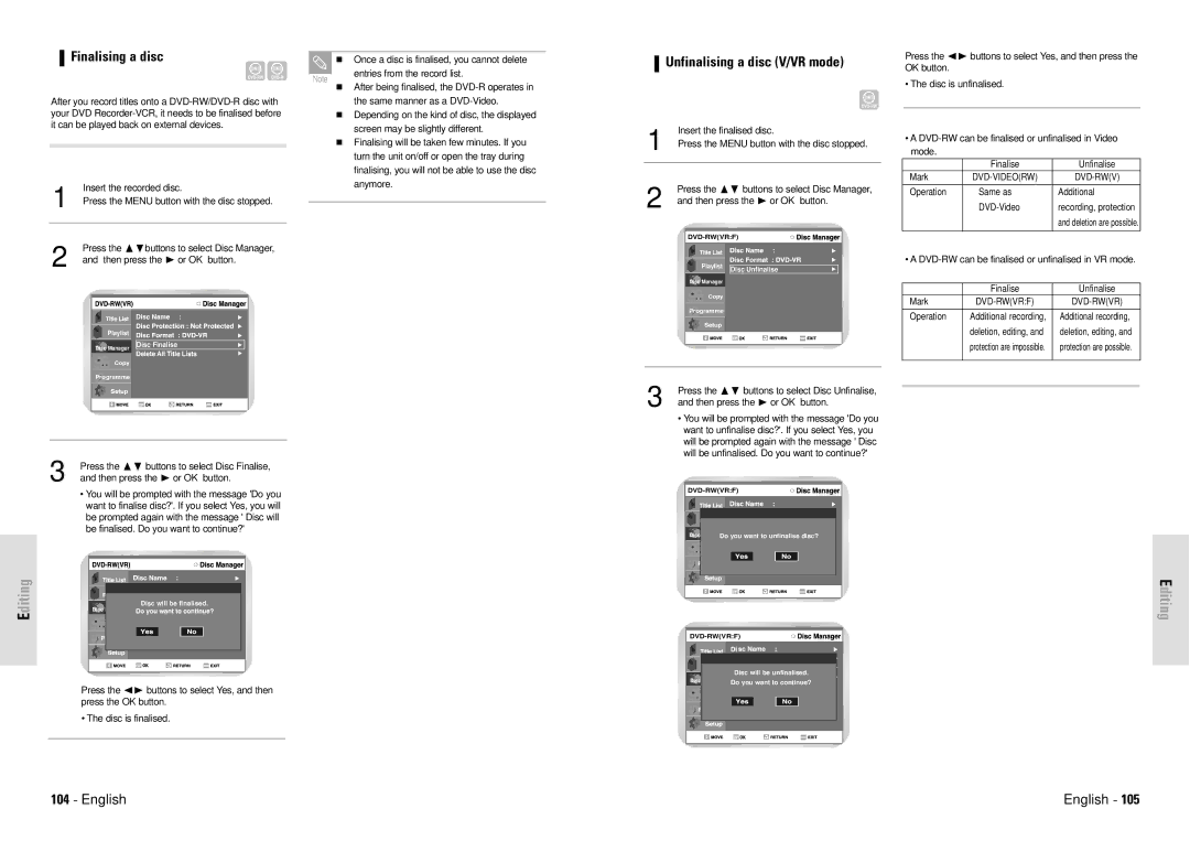 Toshiba D-VR3SG owner manual Finalising a disc 