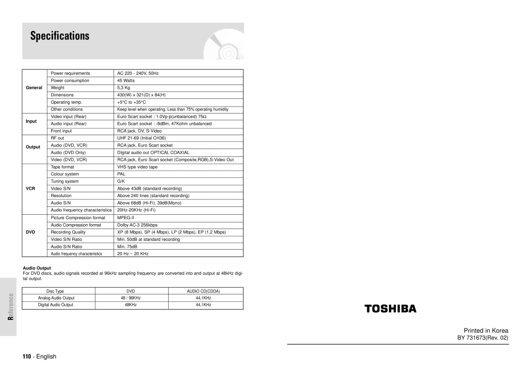 Toshiba D-VR3SG owner manual Specifications, General, Input, Audio Output 