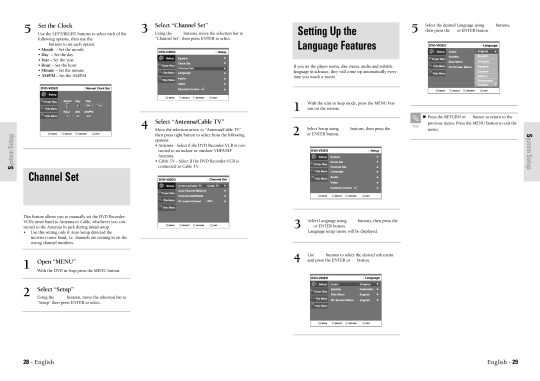 Toshiba D-VR3SU owner manual Setting Up, Language Features, Set the Clock Select Channel Set, Select Antenna/Cable TV 