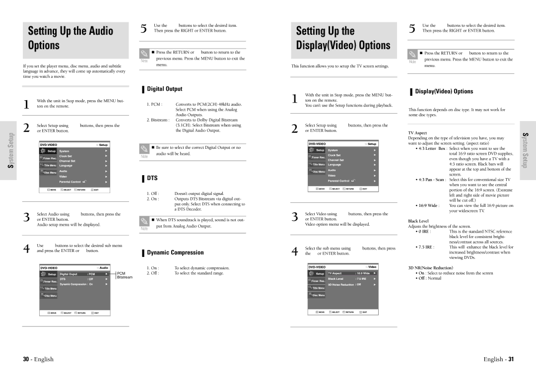 Toshiba D-VR3SU owner manual Setting Up the Audio Options, Digital Output, DisplayVideo Options, Dts, Dynamic Compression 