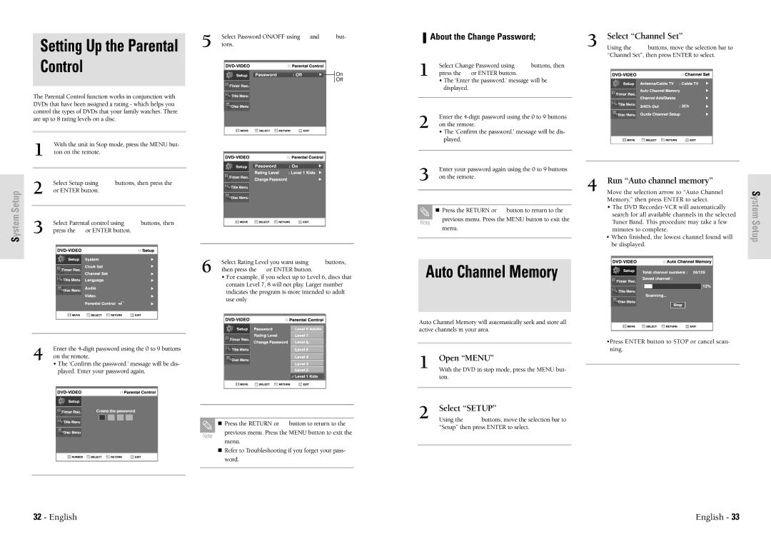 Toshiba D-VR3SU Setting Up the Parental Control, Auto Channel Memory, About the Change Password, Run Auto channel memory 