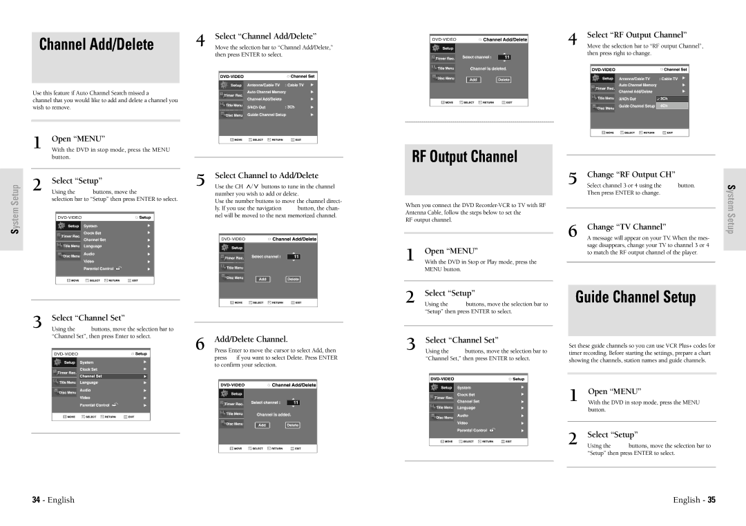 Toshiba D-VR3SU owner manual Channel Add/Delete, RF Output Channel, Guide Channel Setup 