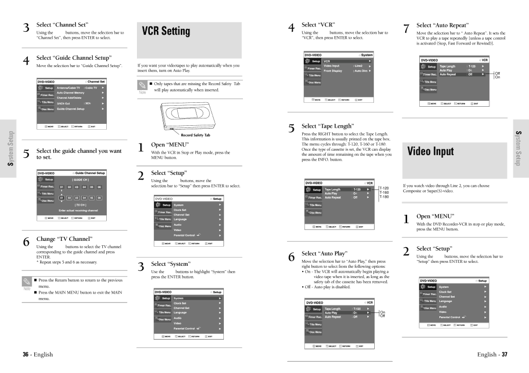 Toshiba D-VR3SU owner manual VCR Setting, Video Input 