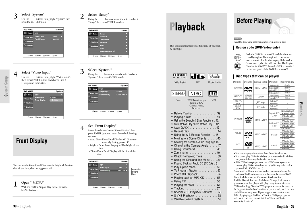 Toshiba D-VR3SU owner manual Before Playing, Front Display, Region code DVD-Video only, Disc types that can be played 