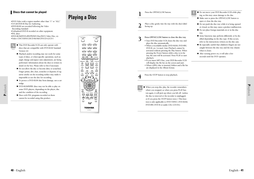 Toshiba D-VR3SU owner manual Playing a Disc, Playback, Discs that cannot be played 