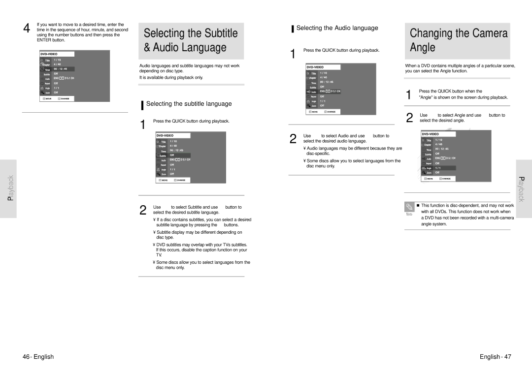 Toshiba D-VR3SU Changing the Camera Angle, Selecting the Subtitle & Audio Language, Selecting the subtitle language 