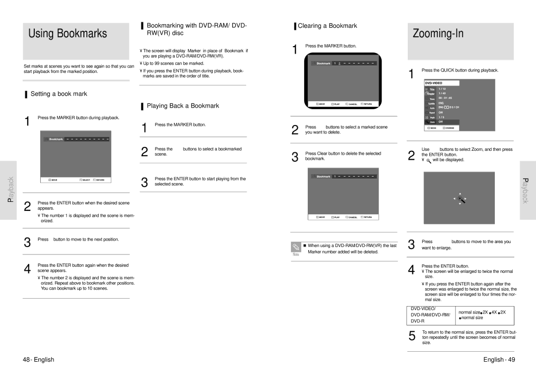 Toshiba D-VR3SU owner manual Using Bookmarks, Zooming-In 