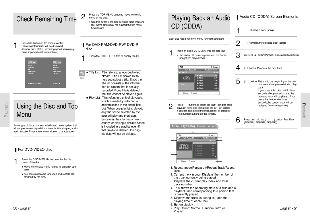 Toshiba D-VR3SU Using the Disc and Top Menu, For DVD-RAM/DVD-RW/ DVD-R, Audio CD Cdda Screen Elements, For DVD-VIDEO disc 