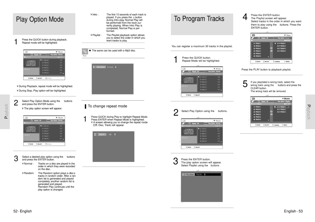 Toshiba D-VR3SU owner manual Play Option Mode, To Program Tracks, To change repeat mode 