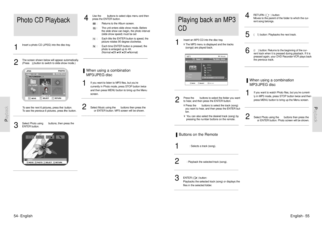 Toshiba D-VR3SU When using a combination MP3/JPEG disc, Buttons on the Remote, Insert an MP3 CD into the disc tray 