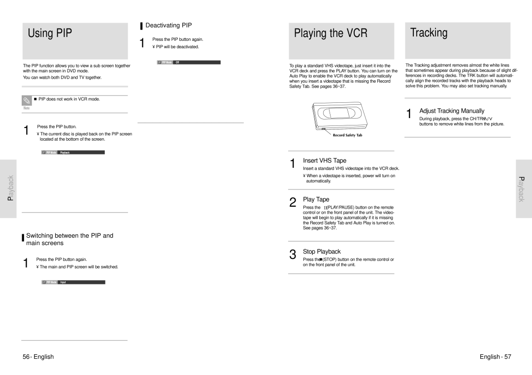 Toshiba D-VR3SU Using PIP, Playing the VCR Tracking, Deactivating PIP, Switching between the PIP and main screens 