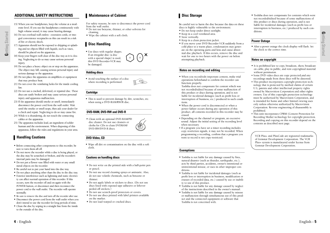 Toshiba D-VR3SU Additional Safety Instructions, Maintenance of Cabinet, Disc Handling, Disc Storage, Handling Cautions 