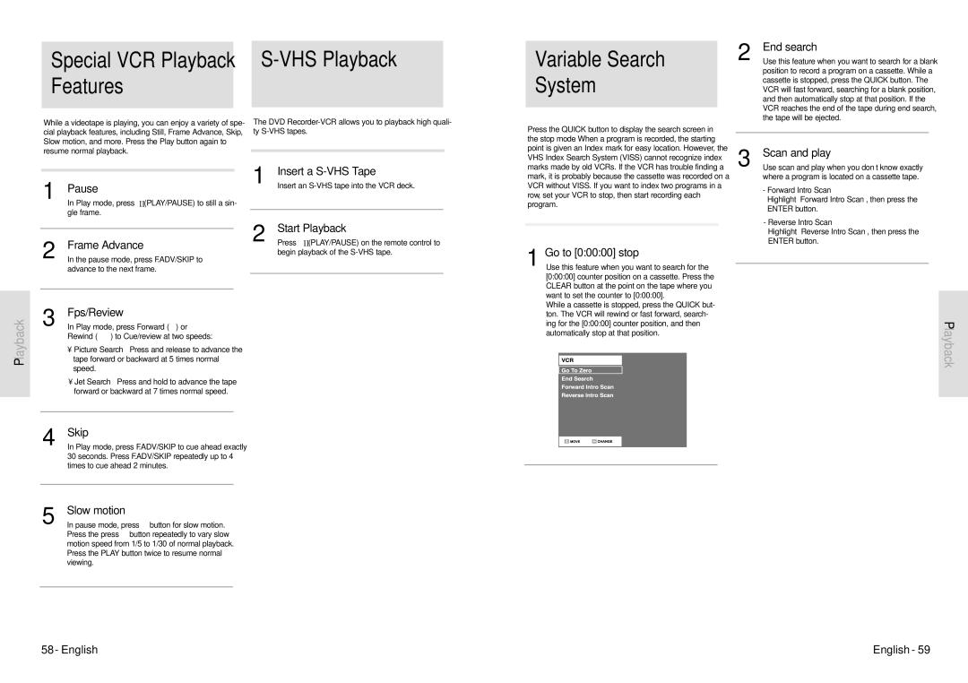 Toshiba D-VR3SU owner manual VHS Playback, Features 