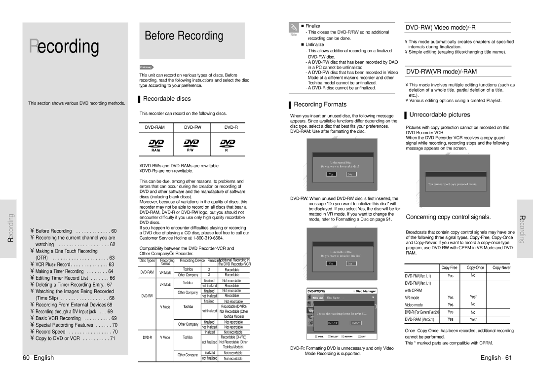 Toshiba D-VR3SU owner manual Before Recording 