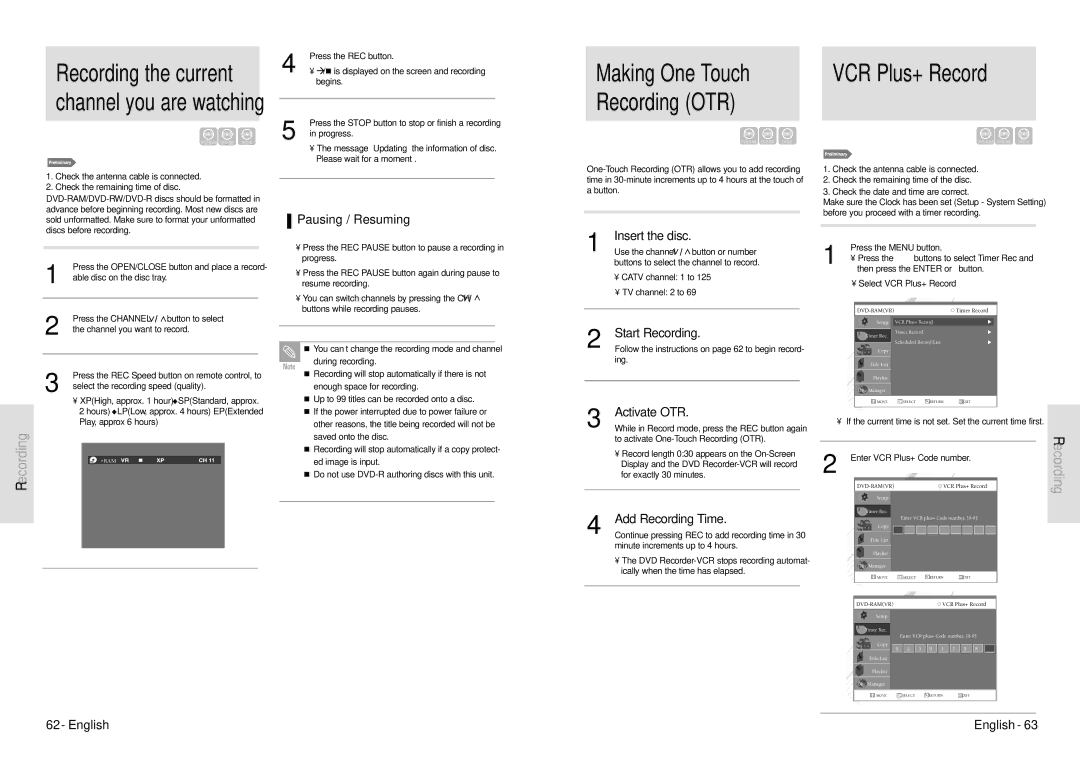 Toshiba D-VR3SU owner manual Making One Touch Recording OTR, VCR Plus+ Record, Pausing / Resuming 