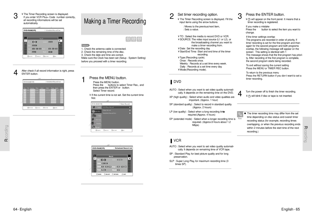 Toshiba D-VR3SU owner manual Set timer recording option, Dvd, Vcr, Press the Enter button 