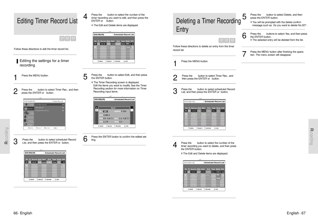 Toshiba D-VR3SU owner manual Deleting a Timer Recording Entry, Editing the settings for a timer recording 