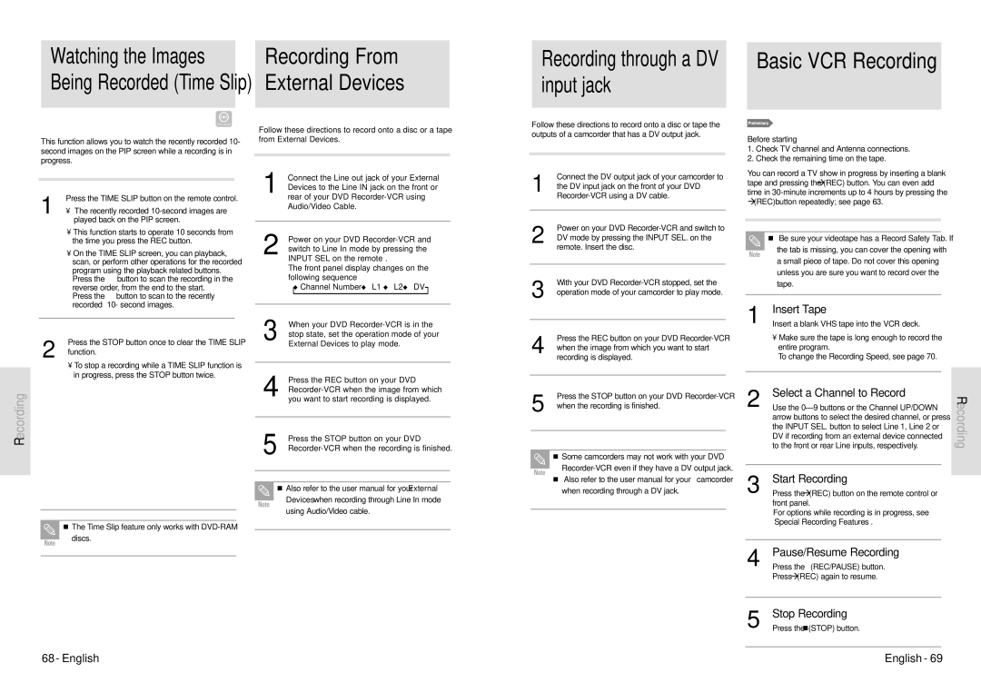 Toshiba D-VR3SU Recording From External Devices, Insert Tape, Select a Channel to Record, Pause/Resume Recording 