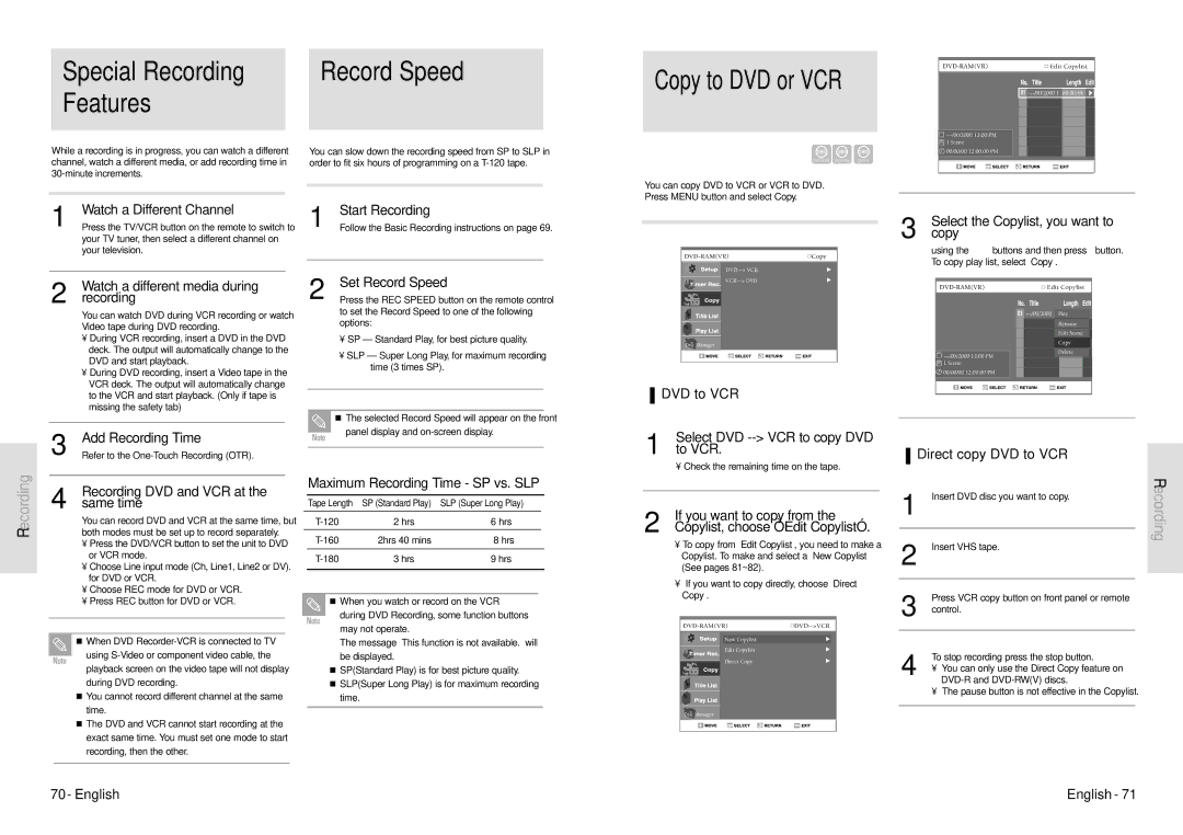 Toshiba D-VR3SU owner manual Record Speed, Direct copy DVD to VCR 